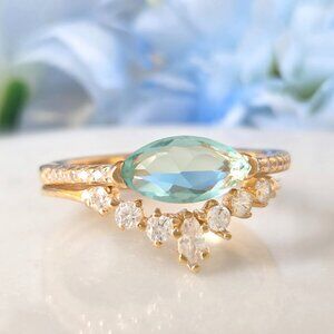 Gold and Aquamarine ring set, 925 Sterling Silver 10k gold